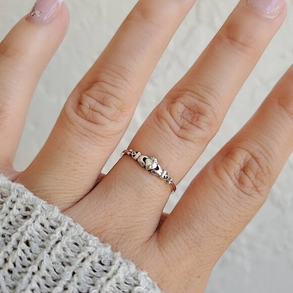 Claddagh Ring, Tiny Celtic Irish Claddagh Ring, Thin Ring, Sterling Silver Women - Picture 1 of 9